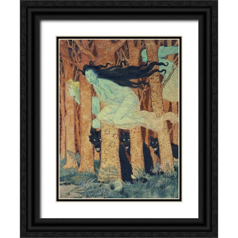 Three Women and Three Wolves Black Ornate Wood Framed Art Print with Double Matting by Grasset, Eugene