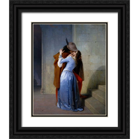 The Kiss Black Ornate Wood Framed Art Print with Double Matting by Hayez, Francesco