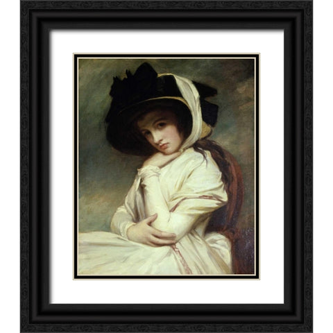 Lady Hamilton in a Straw Hat Black Ornate Wood Framed Art Print with Double Matting by Romney, George