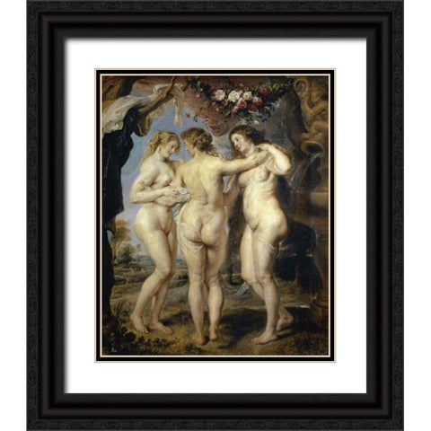 The Three Graces Black Ornate Wood Framed Art Print with Double Matting by Rubens, Peter Paul