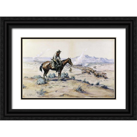 The Trail Boss Black Ornate Wood Framed Art Print with Double Matting by Russell, Charles M.