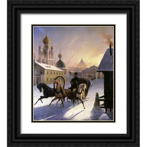 Troika on St. Petersburg Street Black Ornate Wood Framed Art Print with Double Matting by Von Hampein, Carl