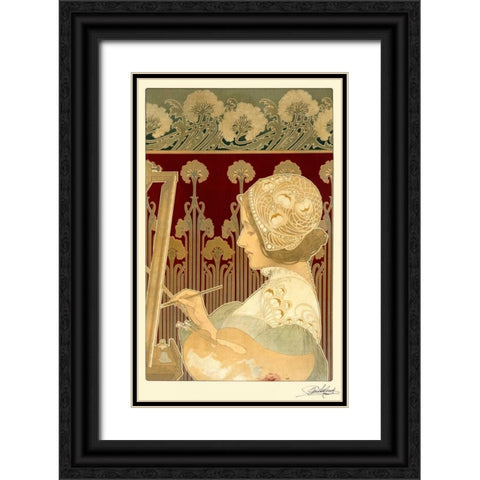 Woman Painting Black Ornate Wood Framed Art Print with Double Matting by Livemont, Privat