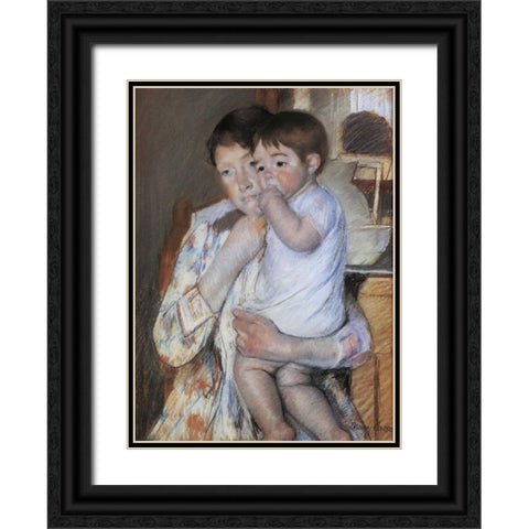 Baby In His Mother Arms 1889 Black Ornate Wood Framed Art Print with Double Matting by Cassatt, Mary