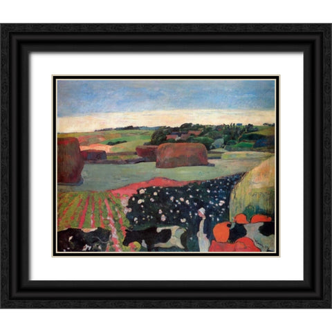 Haystacks In Brittany Black Ornate Wood Framed Art Print with Double Matting by Gauguin, Paul