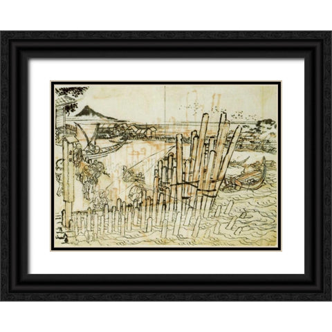 Fishing At Shimadagahana 1833 Black Ornate Wood Framed Art Print with Double Matting by Hokusai