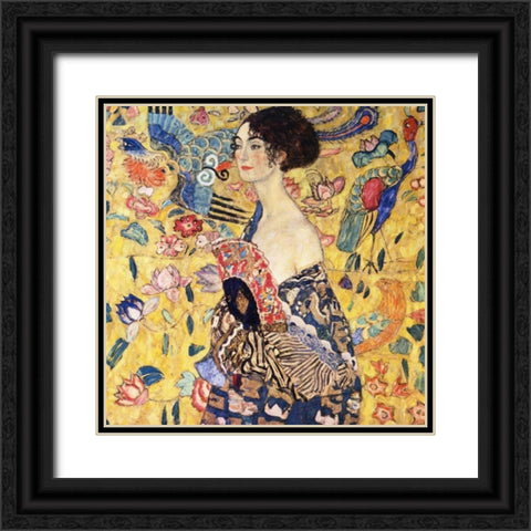 Lady With Fan Black Ornate Wood Framed Art Print with Double Matting by Klimt, Gustav