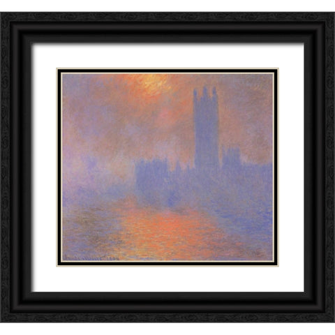 London Parliament With The Sun Breaking Through Fog Black Ornate Wood Framed Art Print with Double Matting by Monet, Claude
