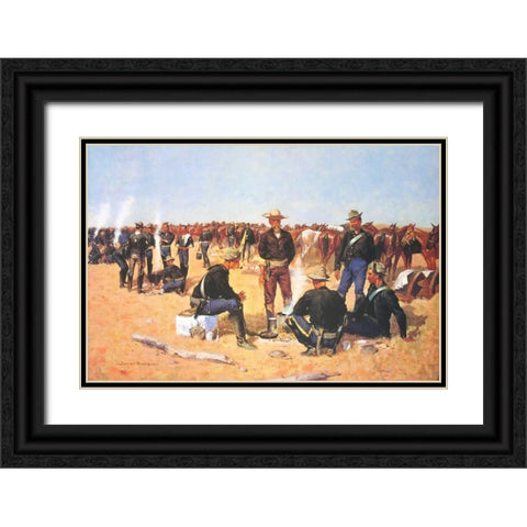 A Cavalrymans Breakfast On The Plains Black Ornate Wood Framed Art Print with Double Matting by Remington, Frederic