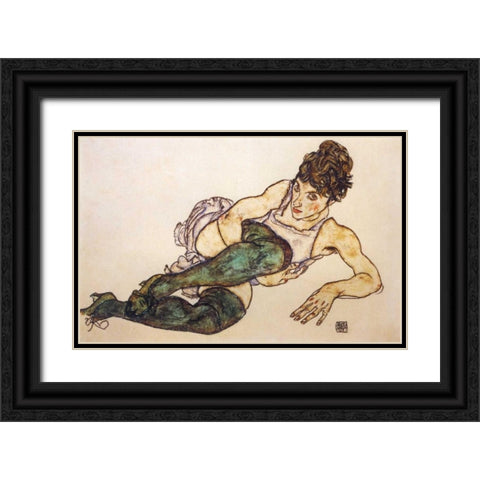 Reclining Woman With Green Stockings Black Ornate Wood Framed Art Print with Double Matting by Schiele, Egon