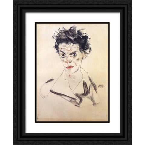 Self Portrait Bust Black Ornate Wood Framed Art Print with Double Matting by Schiele, Egon