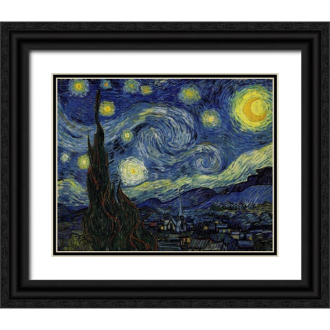 Starry Night Black Ornate Wood Framed Art Print with Double Matting by Van Gogh, Vincent
