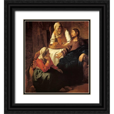Christ In The House Of Mary And Martha Black Ornate Wood Framed Art Print with Double Matting by Vermeer, Johannes
