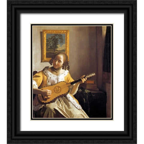 The Guitar Player Black Ornate Wood Framed Art Print with Double Matting by Vermeer, Johannes