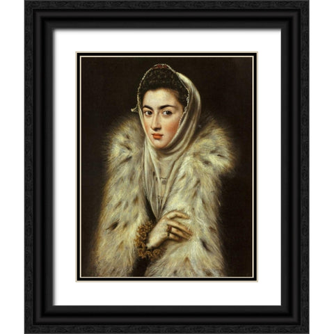 A Lady In A Fur Wrap Black Ornate Wood Framed Art Print with Double Matting by El Greco
