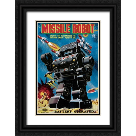 Missile Robot Black Ornate Wood Framed Art Print with Double Matting by Retrobot