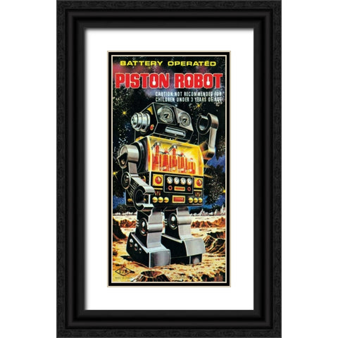 Battery Operated Piston Robot Black Ornate Wood Framed Art Print with Double Matting by Retrobot