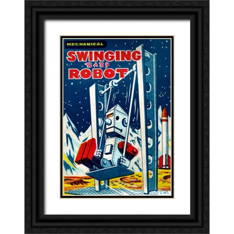 Swinging Baby Robot Black Ornate Wood Framed Art Print with Double Matting by Retrobot
