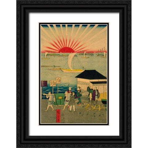 Famous places in Tokyo: real view of Takanawa #2 Featuring the Rising Sun. Black Ornate Wood Framed Art Print with Double Matting by Hiroshige, Utagawa