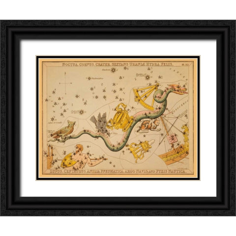 Noctua, Corvus, Crater, Sextans Uraniae, Hydra, Felis, Lupus, Centaurus, Antlia Pneumatica, Argo Nav Black Ornate Wood Framed Art Print with Double Matting by Aspin, Jehoshaphat