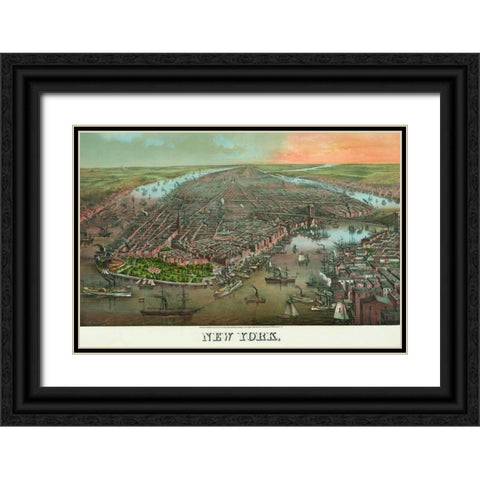 Birds-eye view of Manhattan, New York Black Ornate Wood Framed Art Print with Double Matting by Unknown