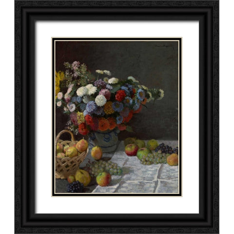 Still Life with Flowers and Fruit Black Ornate Wood Framed Art Print with Double Matting by Monet, Claude