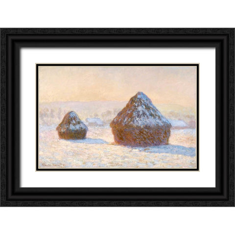 Wheatstacks, Snow Effect, Morning - Meules, Effet de Neige, Le Matin Black Ornate Wood Framed Art Print with Double Matting by Monet, Claude
