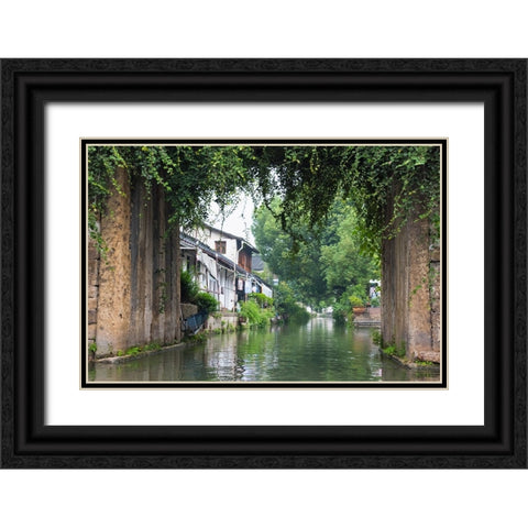 Stone bridge and traditional houses on the Grand Canal-Shaoxing-Zhejiang Province-China Black Ornate Wood Framed Art Print with Double Matting by Su, Keren
