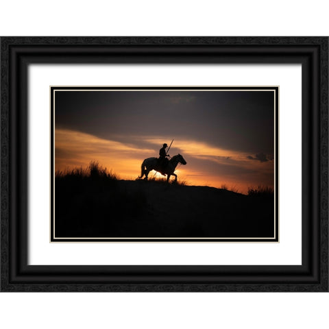 Europe-France-Provence-Camargue horse with rider at sunrise Black Ornate Wood Framed Art Print with Double Matting by Jaynes Gallery