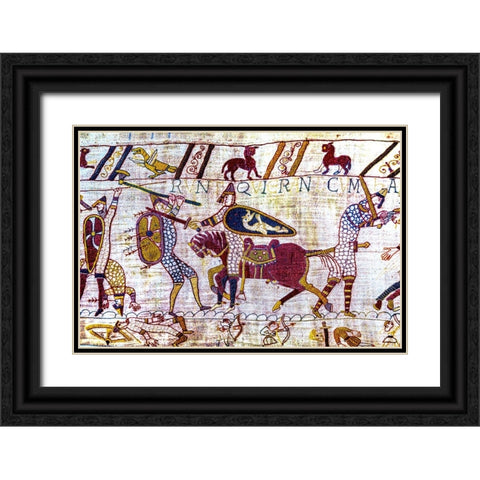Colorful Medieval Bayeux tapestry- Bayeux- Normandy- France Black Ornate Wood Framed Art Print with Double Matting by Perry, William