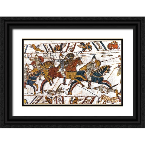 Colorful Medieval Bayeux tapestry- Bayeux- Normandy- France. Black Ornate Wood Framed Art Print with Double Matting by Perry, William