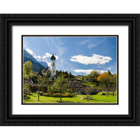 Church St-Johannes der Taufer-John the Baptist-Mount Zugspitze in the background-Village Grainau ne Black Ornate Wood Framed Art Print with Double Matting by Zwick, Martin