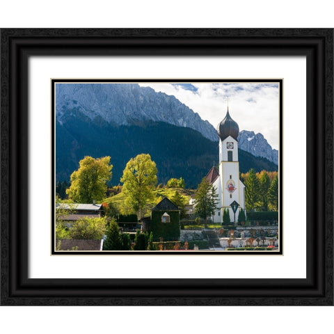 Church St-Johannes der Taufer-John the Baptist-Mount Zugspitze in the background-Village Grainau ne Black Ornate Wood Framed Art Print with Double Matting by Zwick, Martin