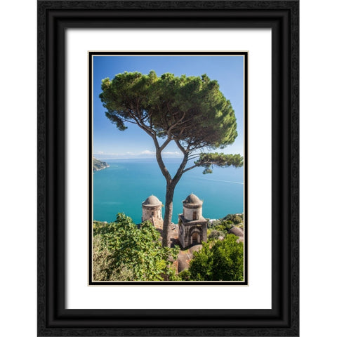 Italy-Campania-Ravello View of the Amalfi Coast and the towers of Villa Rufolo Black Ornate Wood Framed Art Print with Double Matting by Eggers, Julie