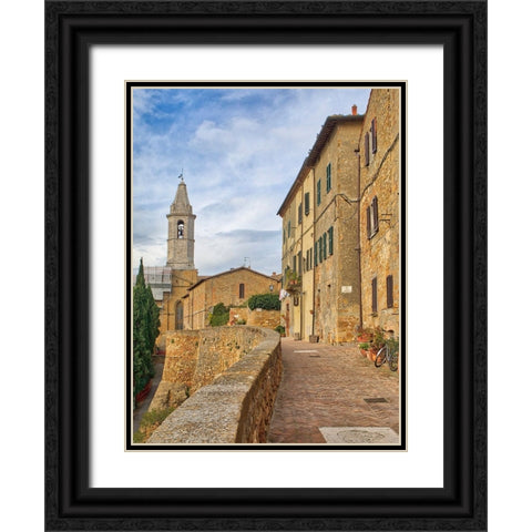 Italy-Tuscany-Pienza Walkway leading to the bell tower of the Pienza cathedral Black Ornate Wood Framed Art Print with Double Matting by Eggers, Julie