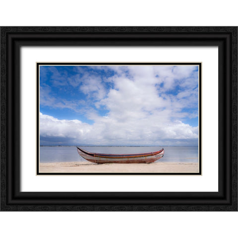 Europe-Portugal-Torreira-Traditional fishing boat on beach Black Ornate Wood Framed Art Print with Double Matting by Jaynes Gallery