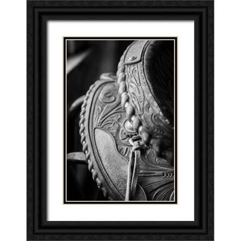 USA-Colorado-Custer County-Westcliffe-Music Meadows Ranch Tack room Tooled leather western saddle Black Ornate Wood Framed Art Print with Double Matting by Hopkins, Cindy Miller