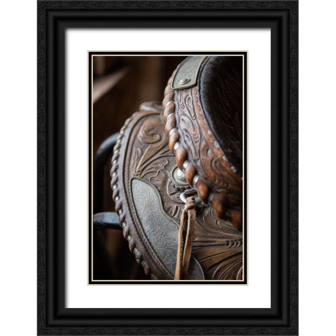 USA-Colorado-Custer County-Westcliffe-Music Meadows Ranch Tack room Tooled leather western saddle Black Ornate Wood Framed Art Print with Double Matting by Hopkins, Cindy Miller