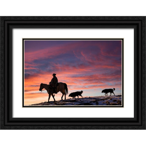 USA- Shell- Wyoming. Hideout Ranch cowgirl and her two dogs horseback riding at sunset. Black Ornate Wood Framed Art Print with Double Matting by Gulin, Darrell