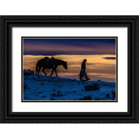 USA- Wyoming. Hideout Horse Ranch- wrangler and horse at sunset. Black Ornate Wood Framed Art Print with Double Matting by Looney, Hollice