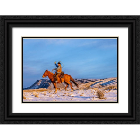 USA- Wyoming. Hideout Horse Ranch- wrangler and horse in snow. Black Ornate Wood Framed Art Print with Double Matting by Looney, Hollice