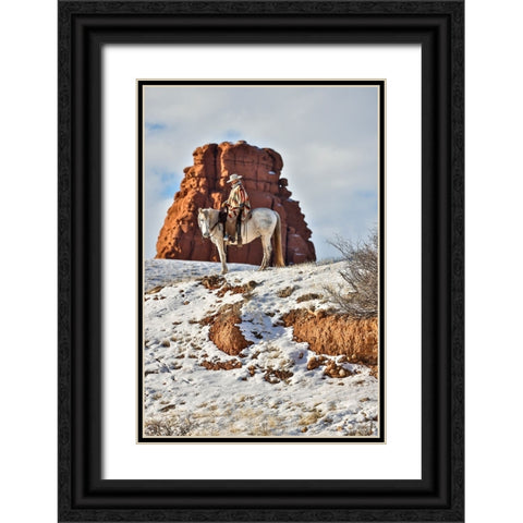 USA- Wyoming. Hideout Horse Ranch- wrangler on horseback in snow. Black Ornate Wood Framed Art Print with Double Matting by Looney, Hollice