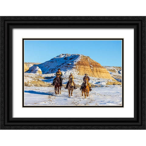 USA- Wyoming. Hideout Horse Ranch- wranglers and horses in snow. Black Ornate Wood Framed Art Print with Double Matting by Looney, Hollice