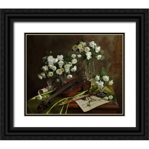 Still Life With Violin And Flowers Black Ornate Wood Framed Art Print with Double Matting by Morozov, Andrey