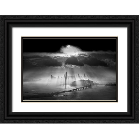 Sunbeams Over The Bridge Black Ornate Wood Framed Art Print with Double Matting by Huang, Lily