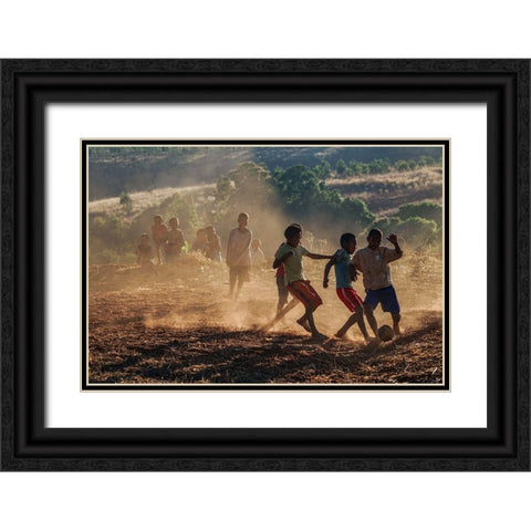 The Kids Playing Football Black Ornate Wood Framed Art Print with Double Matting by Shi, Mei