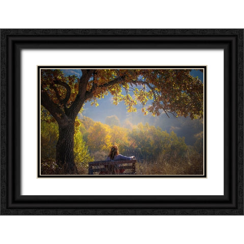Woman Sitting On A Bench Under A Tree And Facing A Yellow Autumn Black Ornate Wood Framed Art Print with Double Matting by Oprea, Vio