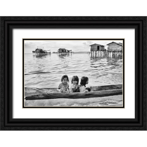 Three Girls In A Canoe Black Ornate Wood Framed Art Print with Double Matting by Long, Kieron