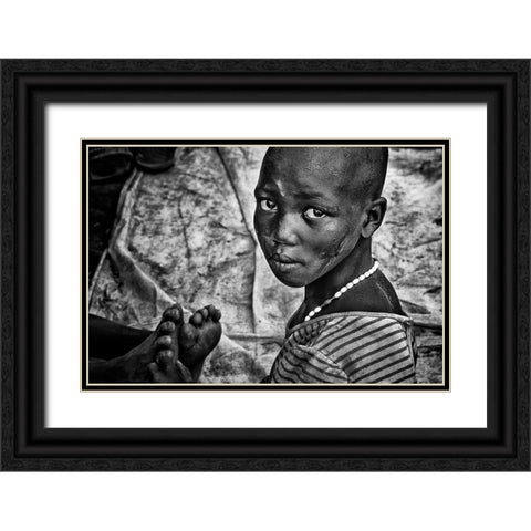 Larim Tribe Girl Massaging Feet - South Sudan Black Ornate Wood Framed Art Print with Double Matting by Inazio Kuesta, Joxe