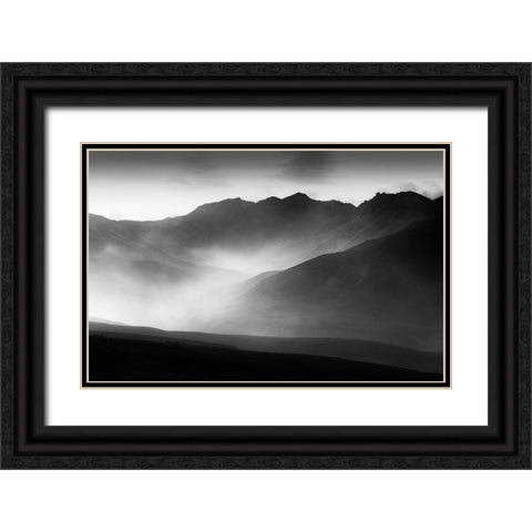 A Mountain Morning Black Ornate Wood Framed Art Print with Double Matting by He, Mike